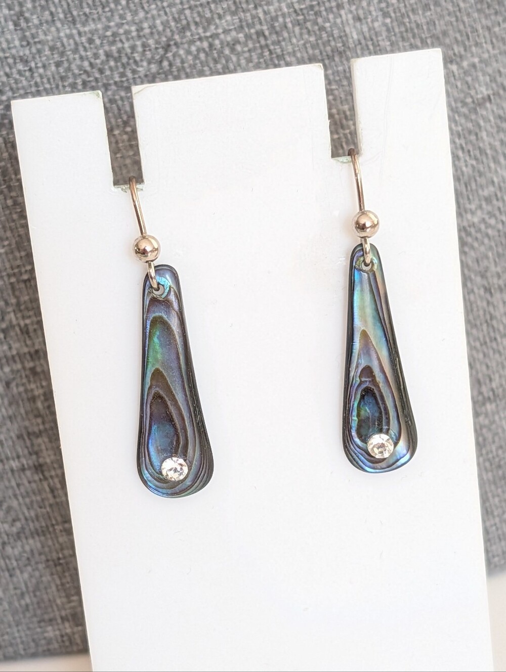 Vintage Abalone Shell Teardrop Bohemian Coastal Rhinestone Dangle Hook Earrings
